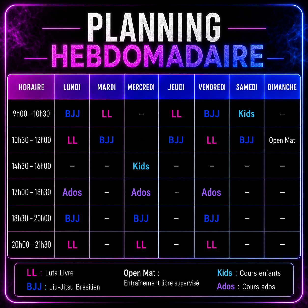 Planning hebdomadaire du Tank Club
